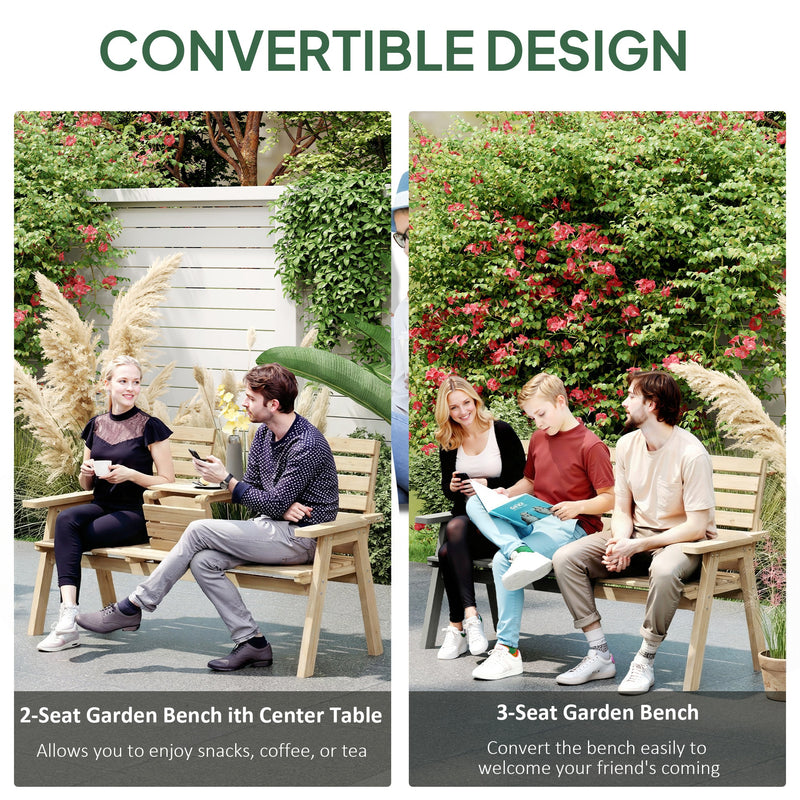 Wooden Garden Bench With Lifting Central Table for Outdoor Relaxing Natural Finish Outsunny