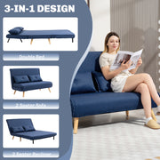 Two Seater Linen Look Sofa Bed Converts to Guest Sleeper for Small Spaces Dark Blue