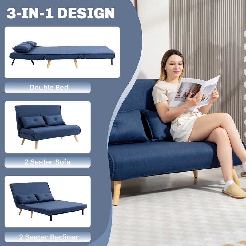 Two Seater Linen Look Sofa Bed Converts to Guest Sleeper for Small Spaces Dark Blue