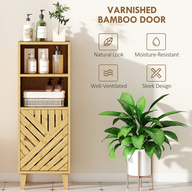 Slim Freestanding Bathroom Cabinet With Bamboo Door And Open Shelves For Storage, Natural Wood Finish