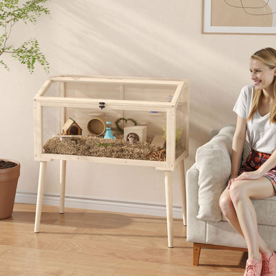 Large Wooden Hamster Cage With Seesaws Platforms and Water Bottle for Gerbils Natural AOSOM
