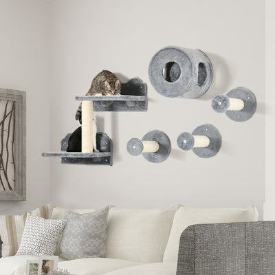 5 Piece Wall Mounted Cat Furniture Set With Perch and Scratching Post Grey AOSOM