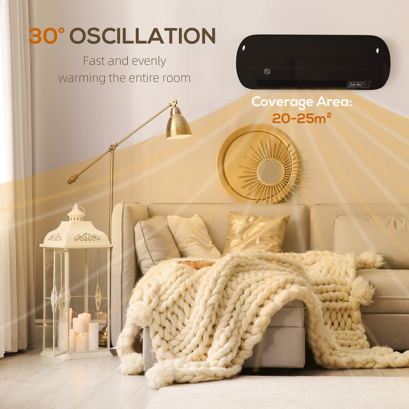 2000W Wall Mounted Ceramic Heater With Fan And Adjustable Thermostat For Home Use, Black