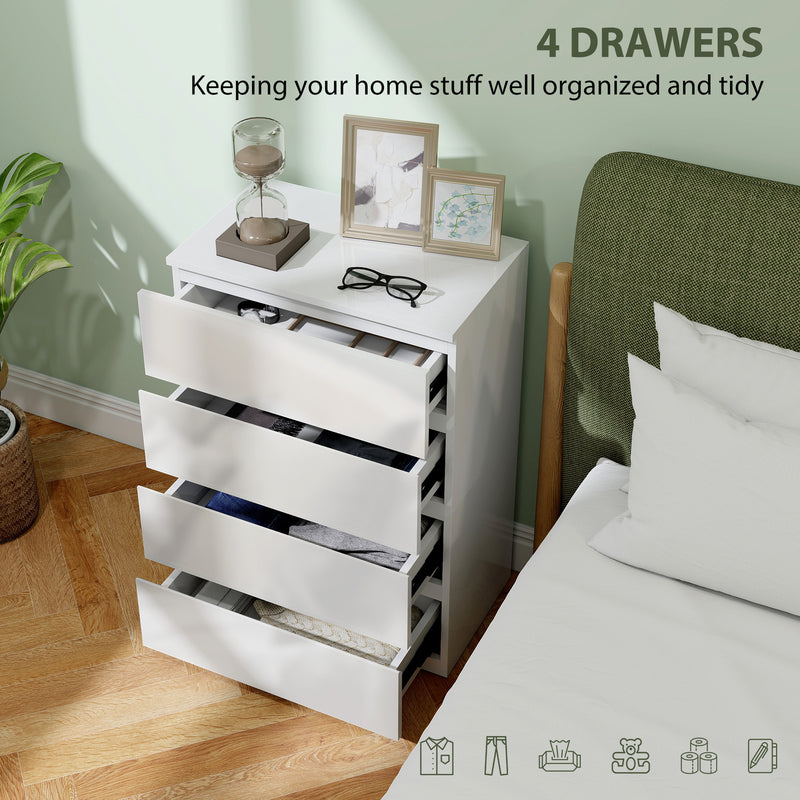 Modern 4 Drawer Bedroom Chest of Drawers With High Gloss Finish For Storage, White AOSOM