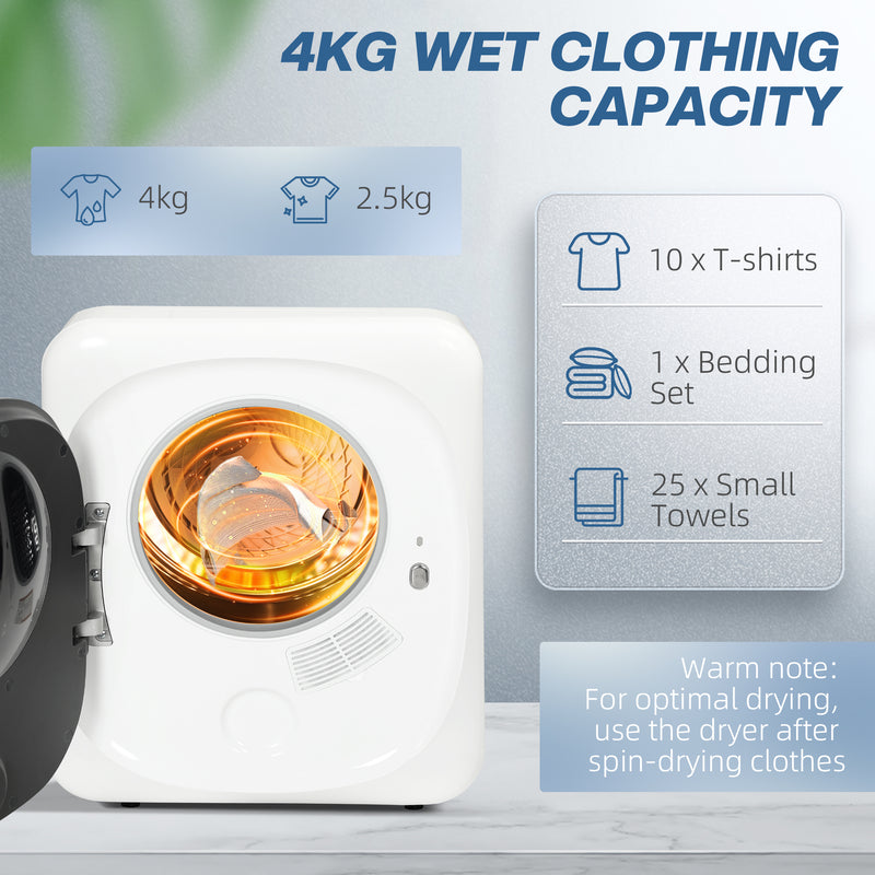 4kg Vented Tumble Dryer 800W Compact Front Load with Smart Mode White by HOMCOM AOSOM