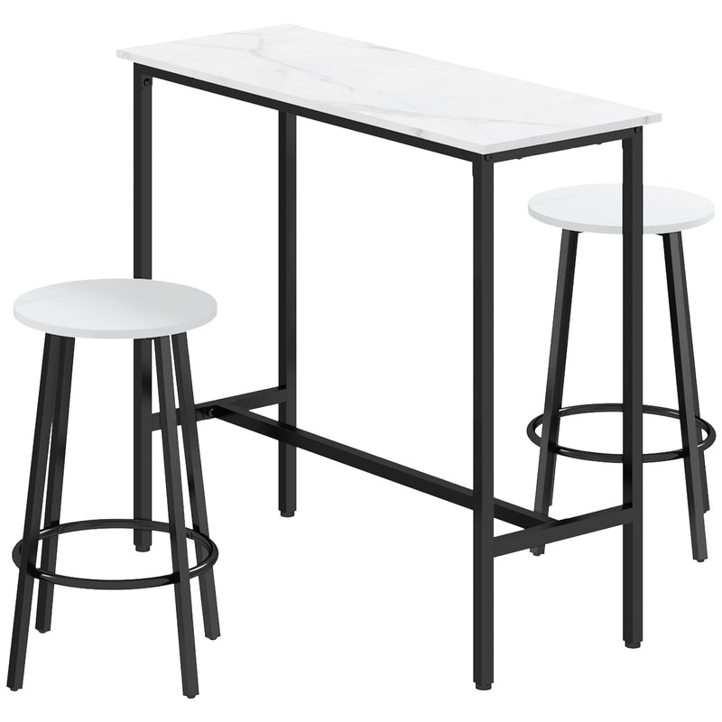 Three Piece Marble Effect Bar Table Set with Stools White and Black by HOMCOM
