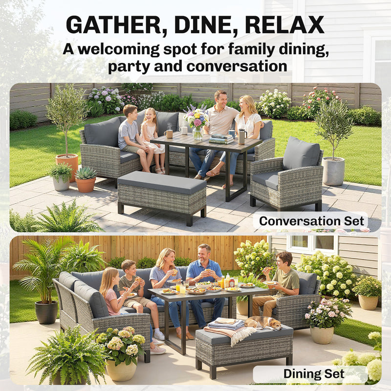 9-Seater Rattan Garden Corner Sofa Set with Cushions and Dining Table — Dark Grey or Light Grey