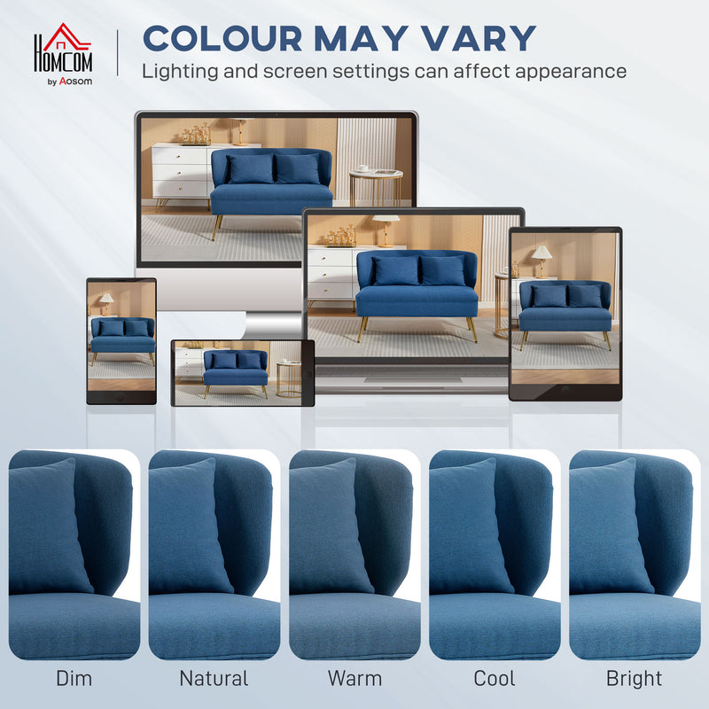2 Seater Sofa Blue Wing Back Sofa With Thick Cushions And Gold Metal Legs For Small Spaces