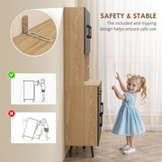 Tall Kitchen Storage Cabinet with LED Lighting and Adjustable Shelves, Oak and Black