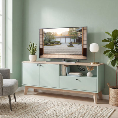 TV Stand with Adjustable Storage and Cable Management for Tidy Living Room Light Green Oak AOSOM