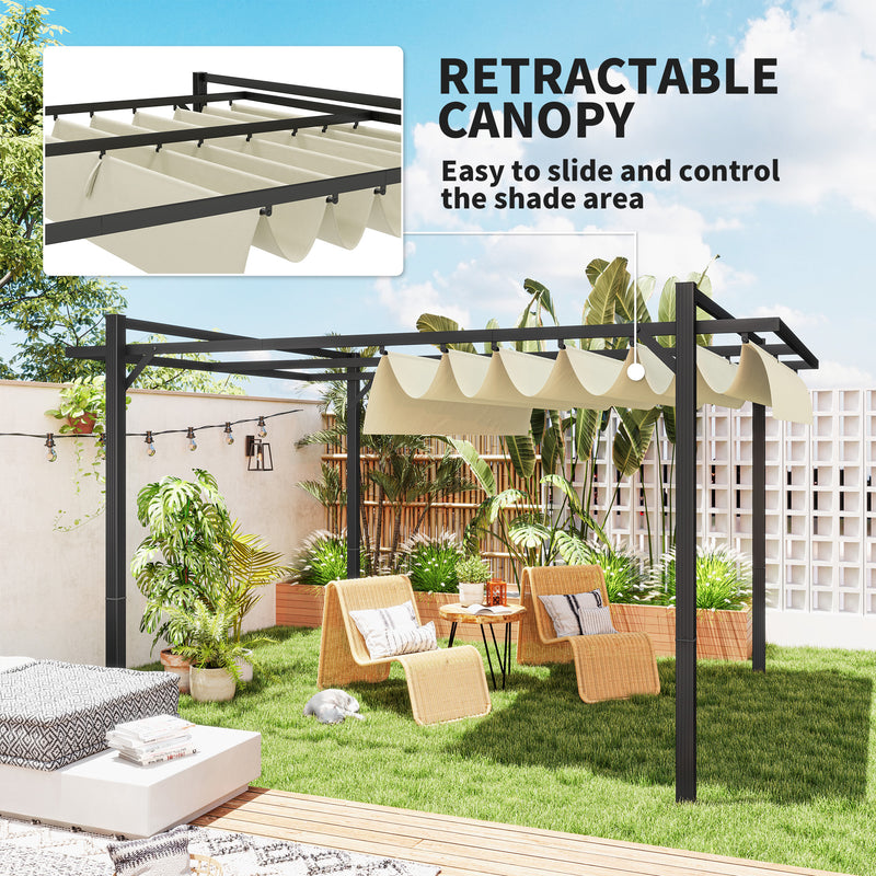 3 x 4m Aluminium Pergola with Retractable Canopy Grey Khaki by Outsunny