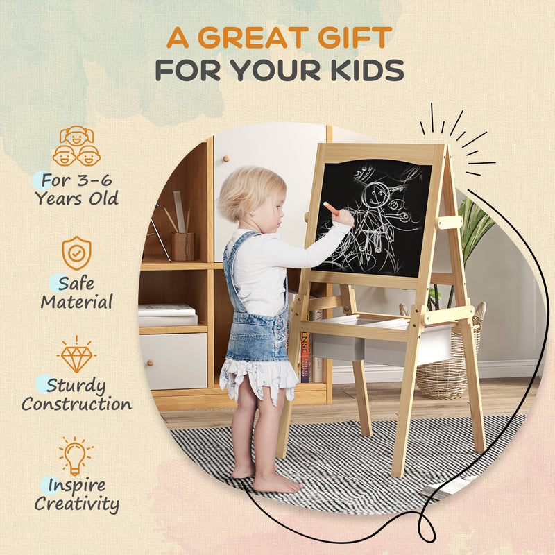 3 in 1 Kids Art Easel with Paper Roll and Storage Baskets for Ages 3 to 6, Natural Wood Finish