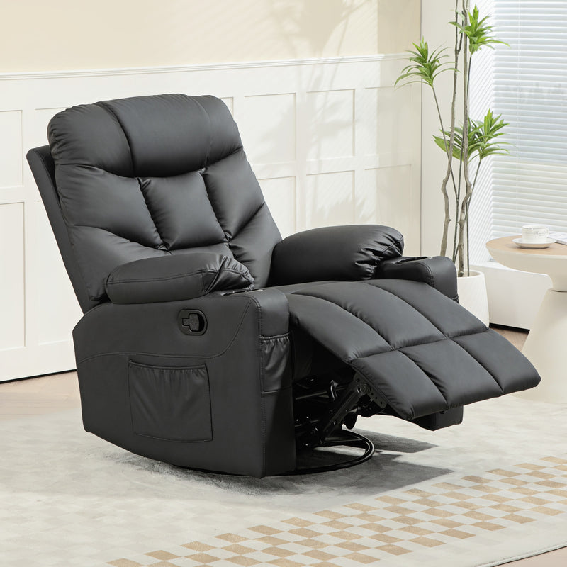 Manual Recliner Armchair With Swivel Base Cup Holders And Footrest For Living Room Black