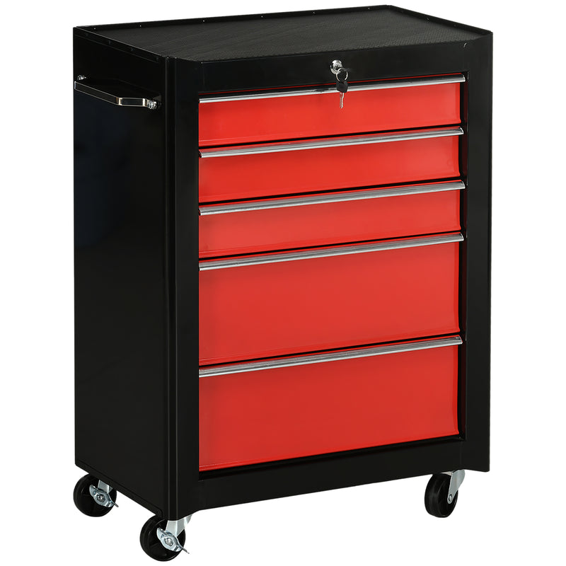 5 Drawer Lockable Steel Tool Chest With Wheels For Garage Or Workshop Use Red