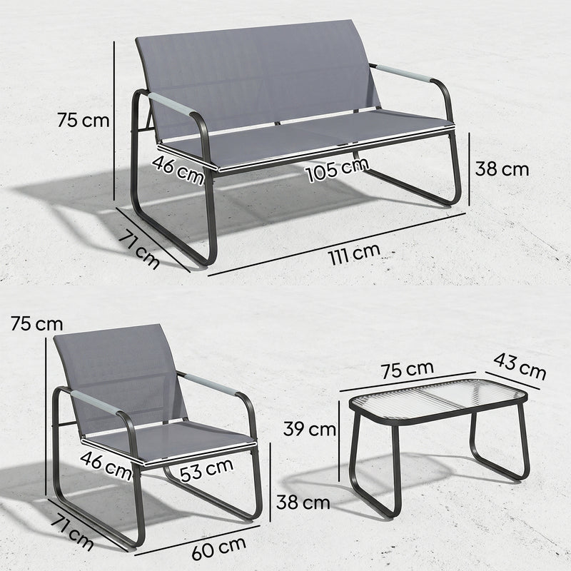 4 Piece Garden Furniture Set with Breathable Mesh Seats and Glass Table. Grey/Black