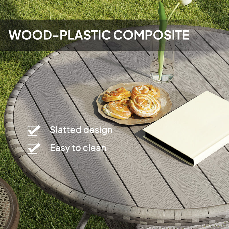 Grey 90cm Four Seater Round Rattan Dining Table With Wood Effect Finish by Outsunny