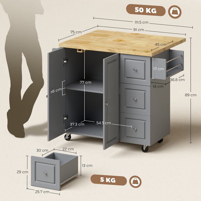 Grey Mobile Kitchen Island Trolley With Drop Leaf, Storage Shelves, Drawers, and Rubber Wood Counter Top For Easy Meal Prep