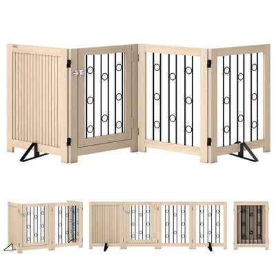 4 Panel Freestanding Pet Gate with Lockable Door and Support Feet for Indoor Use Oak AOSOM
