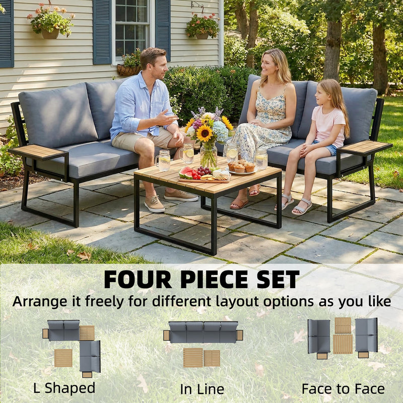 4-Piece Modular Garden Sofa Set with 12cm Back Cushions and Nesting Tables — Teak, Grey or Black