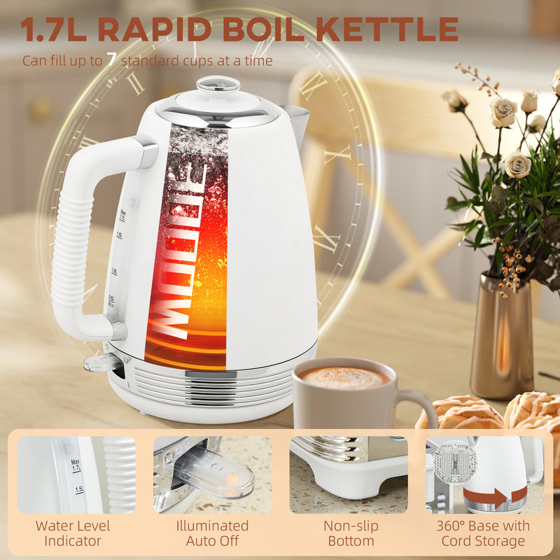 Stainless Steel Kettle and 4 Slice Toaster Set with Rapid Boil and Browning Control, White and Silver