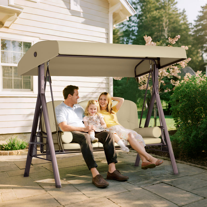 Patio Swing - 3 Seater Garden Swing Chair With Tilting Canopy For Patio Or Lawn Relaxing, Brown