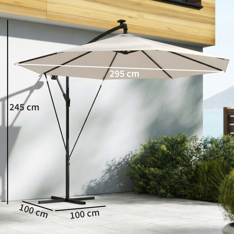 Garden Cantilever Parasol with Solar LED Lights for Evening Patio Shade Cream White Outsunny