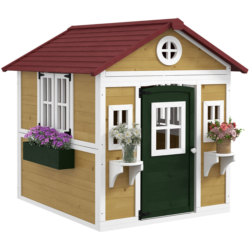 Wooden Kids Playhouse with Doors Windows and Planters for Ages 3-8 in Beige by Outsunny