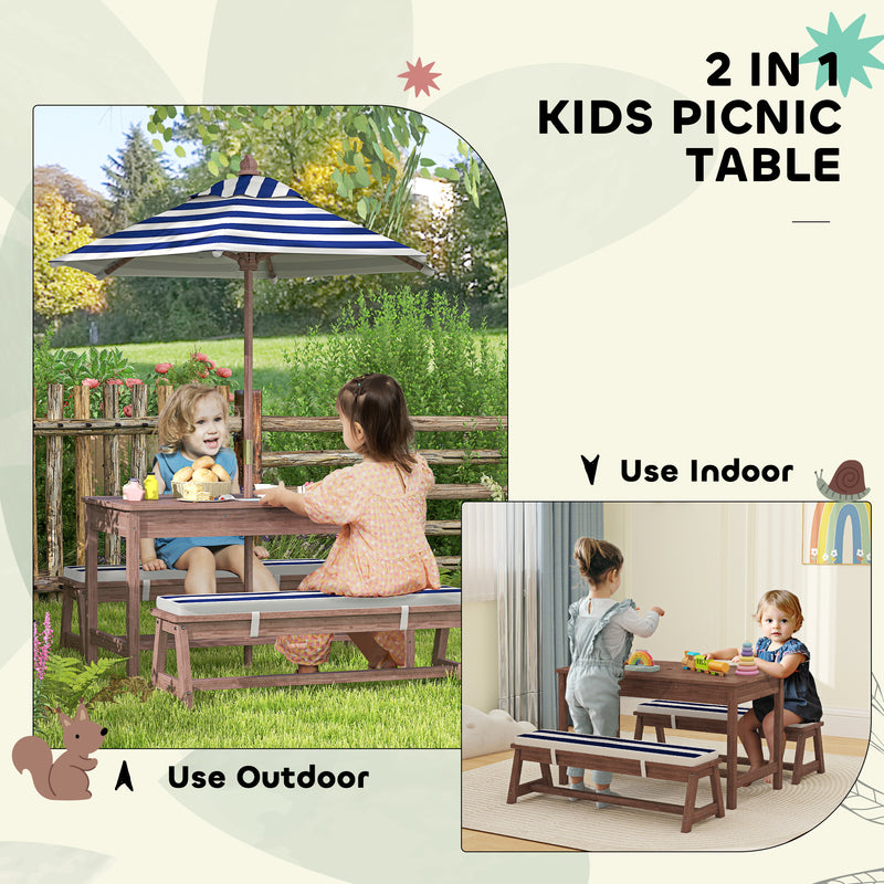 Kids Garden Table and Bench Set with Cushions and Removable Umbrella for Outdoor Play Navy Blue