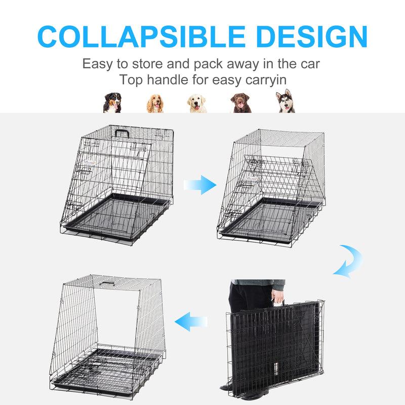 Collapsible Dog Travel Cage with Removable Tray and Trapeze Design Perfect For Hatchback Cars 93 x 58 x 65cm by PawHut