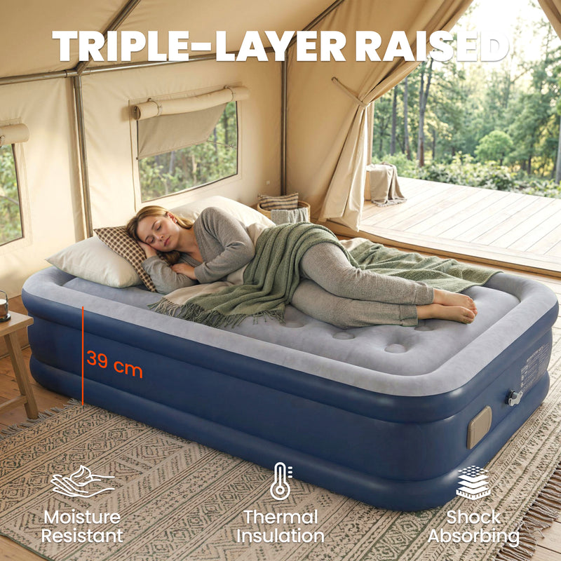 Single Inflatable Mattress with Built In Pump for Camping or Guests Grey