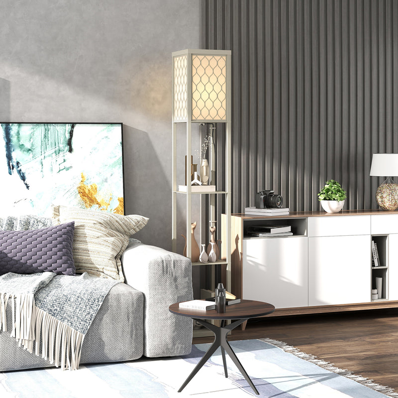 Three Shelf Standing Floor Lamp with Oak Frame and White Shade for Living Room by HOMCOM