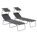 Set of 2 Grey Foldable Sun Loungers with Adjustable Backrest and Sun Shade for Garden