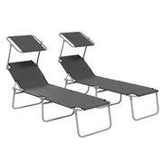 Set of 2 Grey Foldable Sun Loungers with Adjustable Backrest and Sun Shade for Garden