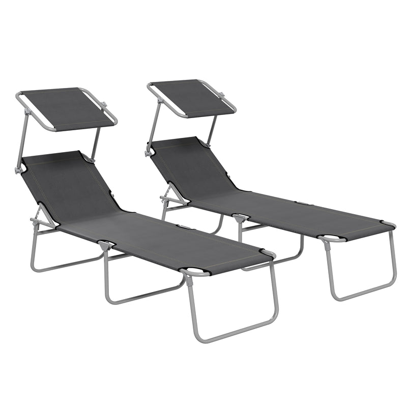 Set of 2 Grey Foldable Sun Loungers with Adjustable Backrest and Sun Shade for Garden