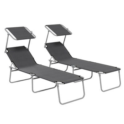 Set of 2 Grey Foldable Sun Loungers with Adjustable Backrest and Sun Shade for Garden