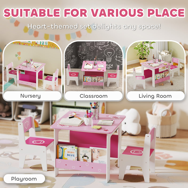 3 Piece Kids Table and Chair Set With Storage Shelves For Playroom Or Nursery Pink AOSOM