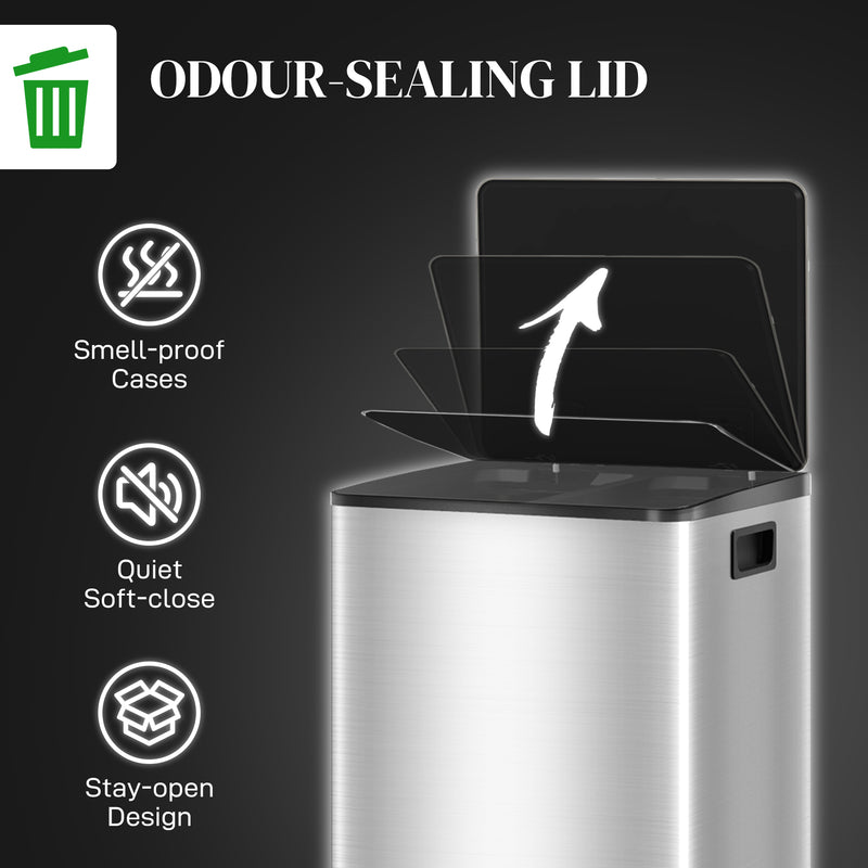 Kitchen Pedal Bin with Dual 20L Compartments for Easy Rubbish and Recycling Silver Tone AOSOM