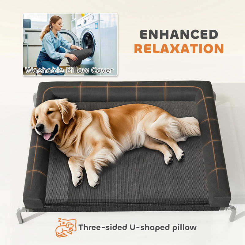 Raised Dog Bed with Mesh Surface and U-Shaped Pillow for Large Pets Indoor Outdoor Black