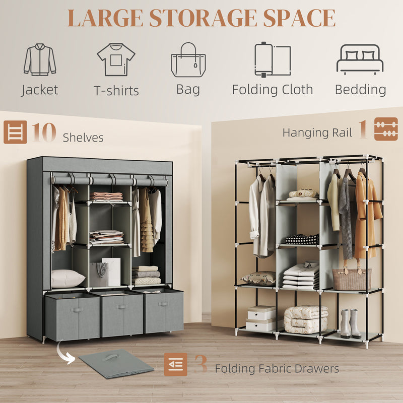 Light Grey Fabric Wardrobe With Shelves Drawers And Rails Ideal For Bedroom Storage