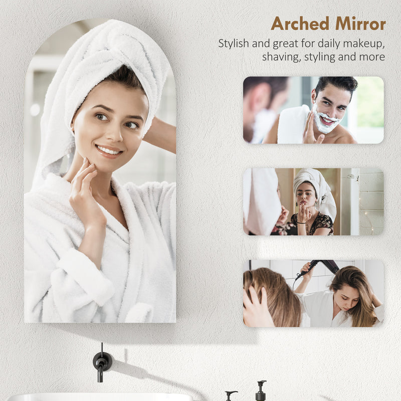 Arched Bathroom Mirror Cabinet with Adjustable Glass Shelves for Storage, White