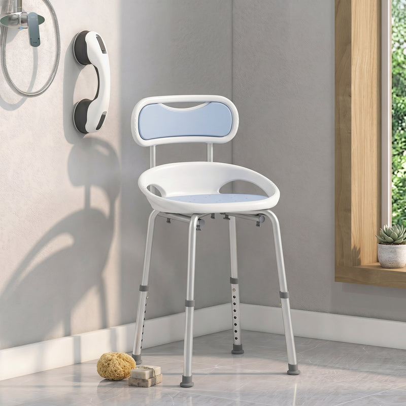 Shower Stool with Height Adjustment and Non Slip Feet for Safe Bathing White Blue