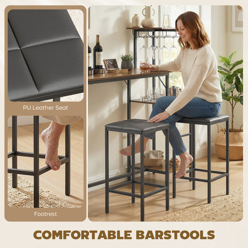 Breakfast Bar Table and Stools Set with Shelving and Glass Racks for Small Kitchens Rustic Brown AOSOM