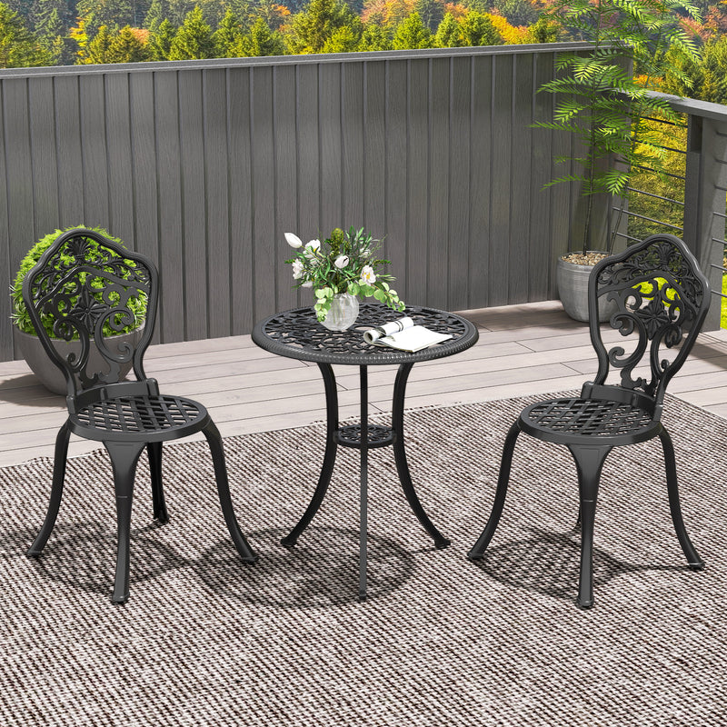 Black Three Piece Aluminium Floral Bistro Set for Garden or Patio by Outsunny