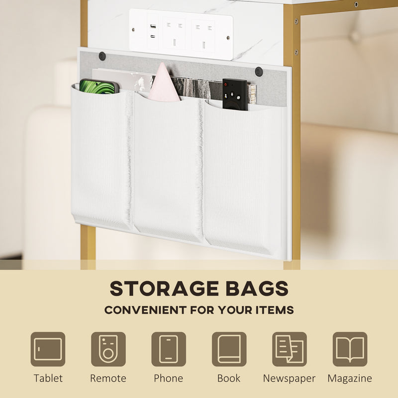 White C Shaped Bedside Table With Charging Station USB Ports and Storage for Bedroom or Lounge