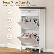Slim Shoe Storage Cabinet for Narrow Hallways with 2 Flip Drawers and Top Drawer, White Homcom