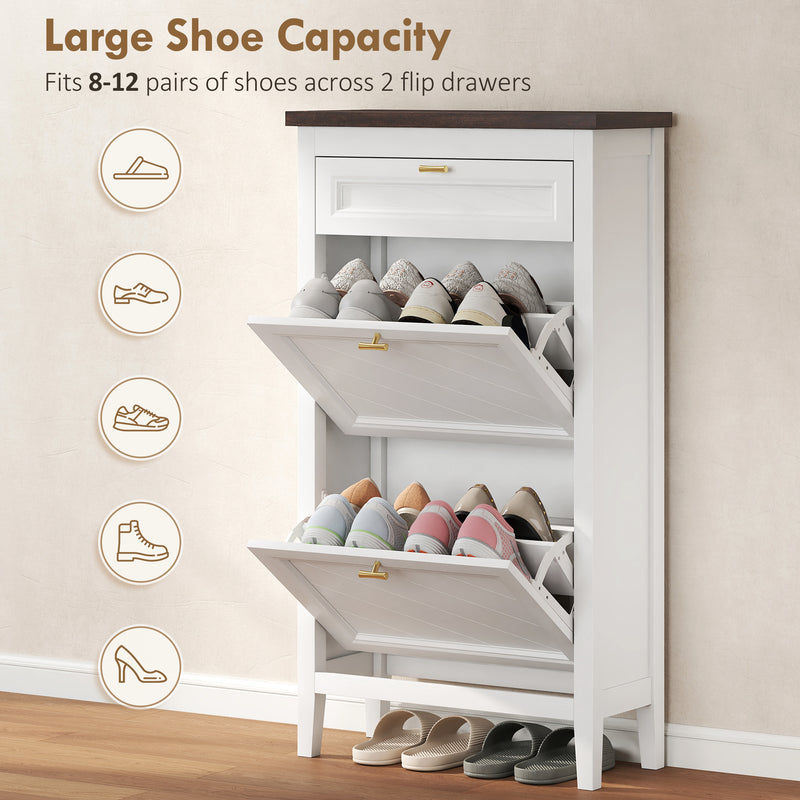 Slim Shoe Storage Cabinet for Narrow Hallways with 2 Flip Drawers and Top Drawer, White Homcom