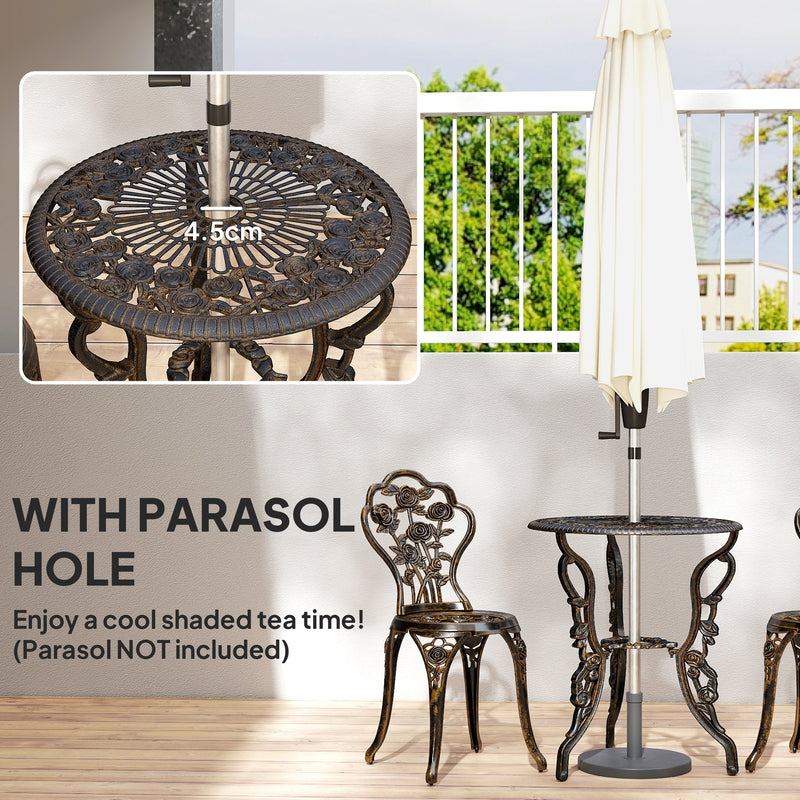 Metal Bistro Set for 2 with Umbrella Hole Ideal for Garden or Patio, Bronze Tone Outsunny