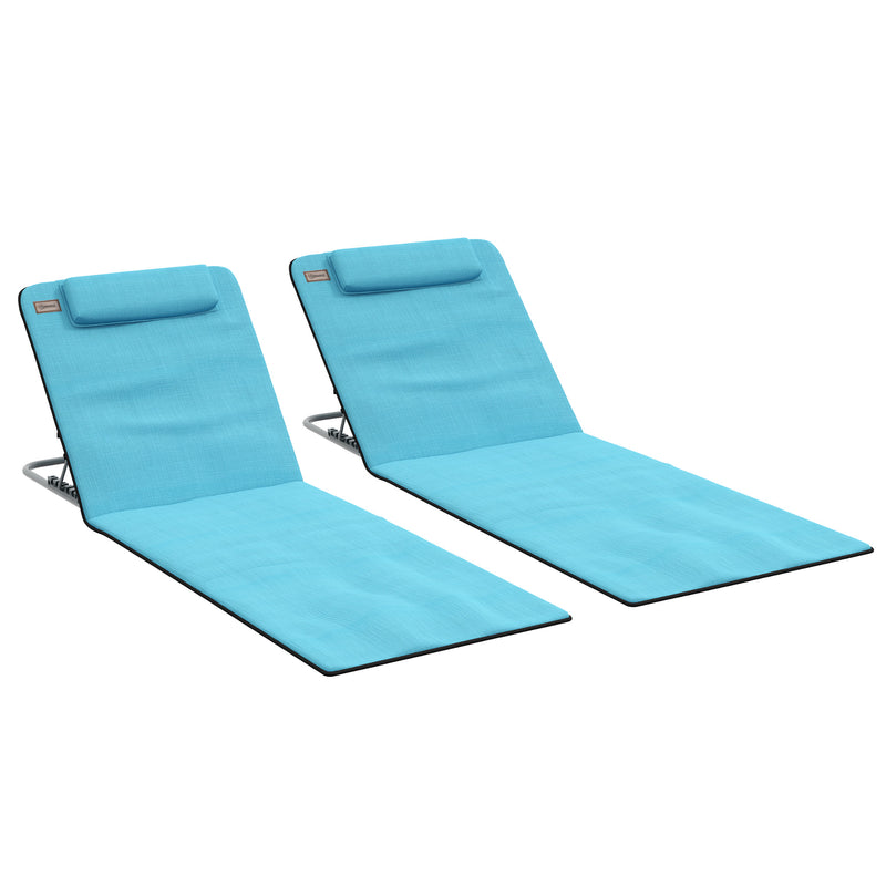 Set of 2 Blue Reclining Beach Chairs with Metal Frames for Garden Camping or Travel