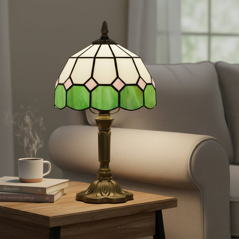 Stained Glass Table Lamp Tiffany Style - Handmade Glass Table Lamp with Art Deco Design for Living Room White & Green
