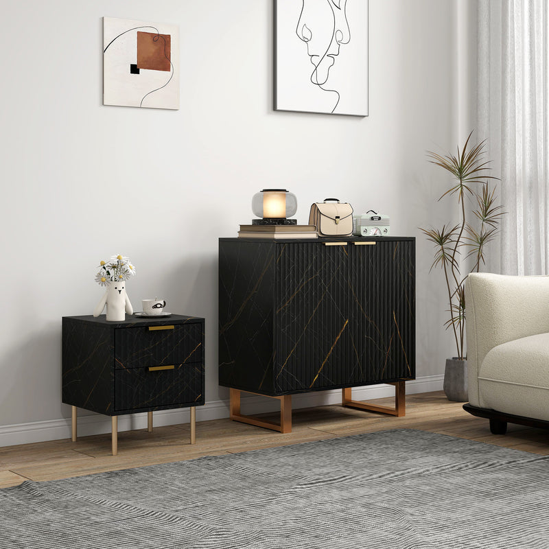 Sideboard and Nightstand Set for Organised Living or Bedroom Storage Black Marble Effect